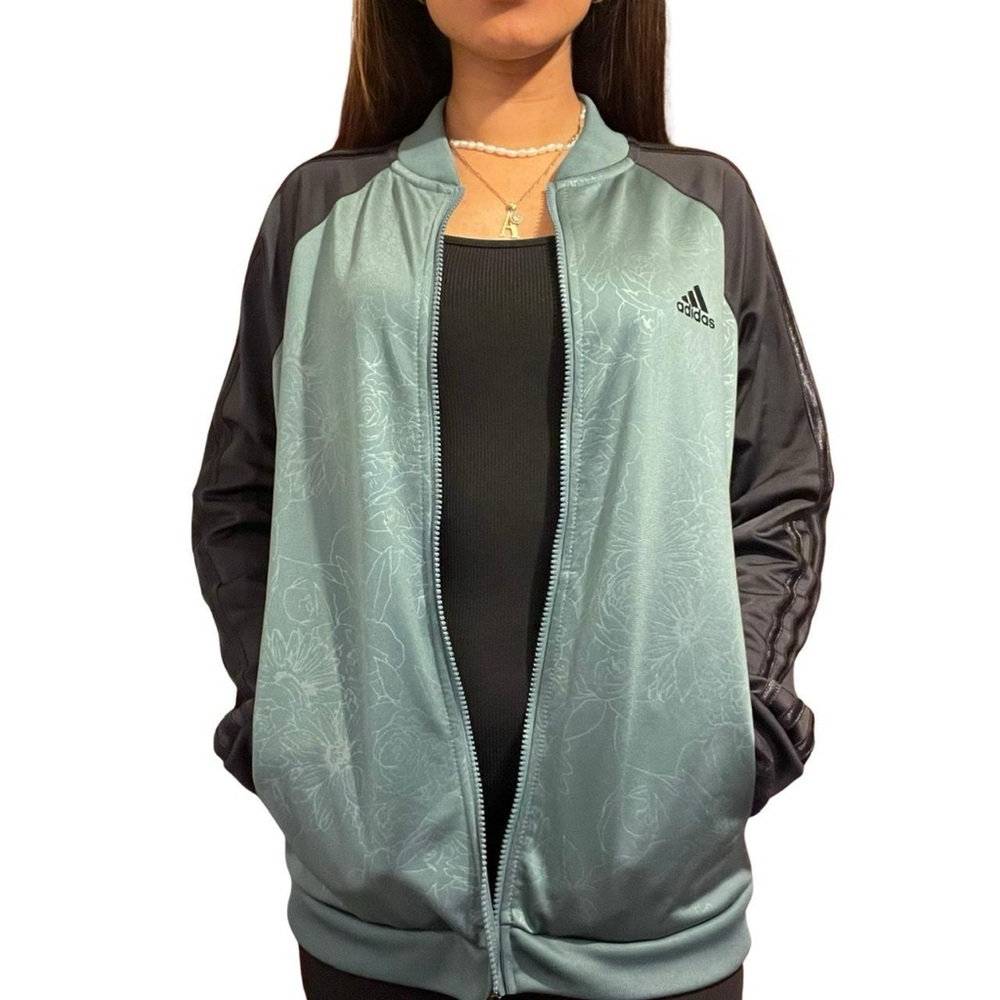 Adidas Track Jacket Bomber Green Floral Print Gray Small